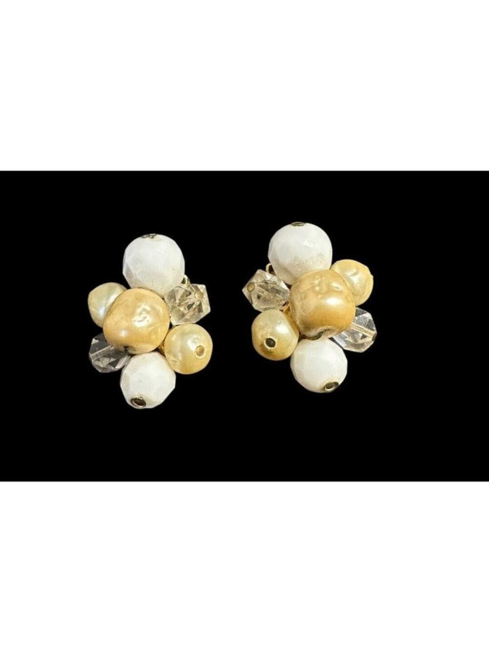Vintage Hattie Carnegie Beaded Clip On Earrings Milk Glass Faux Pearl Crystal